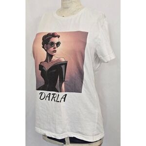 Vanity‎ Darla Graphic T Shirt Womens L White Art Deco Pin Up Tee